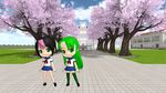  black_hair chibi green_eyes green_hair midori_gurin_(yandere_simulator) mikumikudance mmd multiple_girls pink_hair pippi_(osu!) pippi_osu_(yandere_simulator) school_uniform tree yandere_simulator 