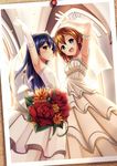  arm_up armpits bare_shoulders blue_eyes blue_hair blush bouquet bridal_veil bride brown_hair commentary_request dress elbow_gloves flower gloves jk-ff kousaka_honoka long_hair looking_at_viewer love_live! love_live!_school_idol_project multiple_girls one_side_up open_mouth red_flower red_rose rose short_hair smile sonoda_umi veil wedding_dress white_dress white_gloves wife_and_wife yuri 