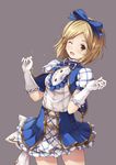  :d ;d alternate_costume blonde_hair blue_bow bow brown_eyes cowboy_shot djeeta_(granblue_fantasy) earrings eyebrows eyebrows_visible_through_hair gloves granblue_fantasy hair_bow jewelry kimi_to_boku_no_mirai lace lace-trimmed_gloves looking_at_viewer one_eye_closed open_mouth ouka_(ra-raradan) plaid plaid_bow plaid_skirt ribbon-trimmed_clothes ribbon_trim short_hair simple_background skirt smile solo white_gloves 