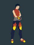  2015 anthro black_hair blue_eyes clothed clothing digimon flamedramon footwear gloves grey_background hair human knee_pads male mammal not_furry open_mouth pants shirt shoes simple_background solo spectrumshift transformation 