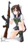  ak-47 ammunition_pouch assault_rifle black_gloves boots bow brown_eyes brown_hair byeontae_jagga commentary_request convenient_leg cross-laced_footwear fingerless_gloves full_body gloves gun hair_bow highres long_hair long_sleeves looking_at_viewer military original ponytail pouch rifle school_uniform serafuku shirt skirt solo squatting twitter_username weapon 