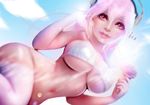  bikini blush breasts cleavage commentary food headphones ice_cream ice_cream_cone large_breasts long_hair looking_at_viewer navel nitroplus nuehai pink_hair red_eyes smile solo super_sonico swimsuit 