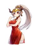  aliza_(granblue_fantasy) bare_shoulders blush breasts chan_co china_dress chinese_clothes cleavage cleavage_cutout cropped_legs draph dress earrings granblue_fantasy hair_pulled_back horns jewelry large_breasts long_hair looking_at_viewer pointy_ears ponytail red_dress red_eyes ribbed_legwear see-through side_slit silver_hair simple_background solo thighhighs white_background white_legwear 