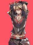  arms_up blazblue blazblue:_central_fiction brown_hair cowboy_shot gloves high_collar kaneaki_mukku male_focus mismatched_gloves naoto_kurogane navel one_eye_closed red_background solo spiked_hair 