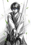  bangs black_hair blue_eyes gintama glasses glowing glowing_eyes hakama hangleing holding holding_sword holding_weapon japanese_clothes katana leaf looking_at_viewer male_focus monochrome motion_blur shimura_shinpachi simple_background solo spot_color sword two-handed v_arms weapon white_background 