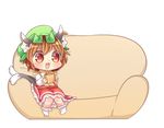  :3 animal_ears brown_eyes brown_hair cat_ears cat_tail chen commentary_request couch cup fang green_hat hat highres ibaraki_natou jewelry long_sleeves mob_cap mug multiple_tails nekomata open_mouth short_hair single_earring sitting solo tail touhou two_tails white_legwear 
