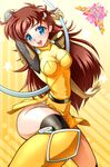  2015 belt black_legwear blue_eyes boots brown_hair elbow_gloves gloves hair_ornament highres hoop hula_hoop kanda_momo long_hair obara_gaun panties shirt side-tie_panties smile solo star star_hair_ornament thighhighs underwear wonder_momo yellow_background yellow_footwear yellow_shirt 