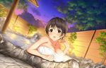  artist_request breast_rest breasts brown_eyes brown_hair d: highres idolmaster idolmaster_cinderella_girls idolmaster_cinderella_girls_starlight_stage large_breasts naked_towel official_art oikawa_shizuku onsen open_mouth short_hair solo towel 