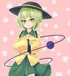  arai_togami cowboy_shot green_eyes green_hair hat hat_ribbon heart komeiji_koishi long_sleeves looking_at_viewer open_mouth pink_background ribbon shirt short_hair skirt smile solo third_eye touhou tsurime wide_sleeves 