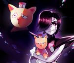  android armor black_background black_hair burgerpants carrying cat hair_over_one_eye hat holding joints mettaton_ex multiple_boys pale_skin parody photo-referenced purple_eyes rotodisk shoulder_pads simple_background smile undertale upper_body 