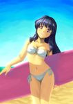  beach black_hair breasts hibike!_euphonium highres medium_breasts ocean okamoto_raimu remon99 sand sky solo surfboard swimsuit 