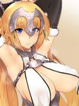  alternate_costume armpits arms_up bad_id bad_pixiv_id bdsm blonde_hair blue_eyes blush bondage bound bound_arms breasts chain cleavage elbow_gloves fate/apocrypha fate/grand_order fate_(series) fur_trim gloves jeanne_d'arc_(fate) jeanne_d'arc_(fate)_(all) kurowa large_breasts long_hair looking_at_viewer see-through shiny shiny_hair solo sweat 