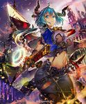  blue_eyes blue_hair gloves horns midriff navel necktie shingeki_no_bahamut short_hair solo steampunk sword torn_clothes weapon yui_(niikyouzou) 