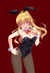  animal_ears blonde_hair bow bowtie breasts bunny_ears bunny_tail bunnysuit cleavage detached_collar empty_eyes fishnet_pantyhose fishnets granblue_fantasy highres large_breasts long_hair m-shiganai pantyhose ponytail red_eyes solo tail vira_lilie wrist_cuffs 