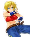 abs bare_shoulders belt blonde_hair blue_eyes blue_mary breasts crop_top fatal_fury fingerless_gloves gloves halter_top halterneck large_breasts midriff muscle muscular_female navel onsoku_maru pants short_hair smile solo the_king_of_fighters 