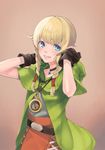  aki_yasm belt blonde_hair blue_eyes braid capelet choker commentary_request gloves green_capelet highres jewelry leather leather_gloves linkle long_hair necklace pointy_ears sidelocks smile solo the_legend_of_zelda twin_braids watch zelda_musou 