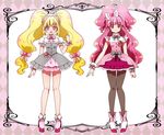  bare_legs blonde_hair bow brooch frills full_body grey_bow hair_bow hairband half_updo jewelry kagami_chihiro long_hair low-tied_long_hair magical_girl multiple_girls original pantyhose pink_bow pink_eyes pink_hair pink_skirt precure shoes skirt smile standing twintails wrist_cuffs 