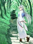  absurdres elf flower forest grass highres japanese_clothes kimono long_hair looking_back nature nonburn obi original pavement pointy_ears red_eyes sash silver_hair solo stairs tree white_kimono 