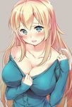  atago_(kantai_collection) blonde_hair blue_eyes blush breasts cardigan cleavage collarbone highres kantai_collection large_breasts long_hair looking_at_viewer off_shoulder open_mouth ribbed_sweater shirt sleeves_past_wrists smile solo sweat sweater umakuchi_shouyu undressing 