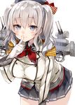  bad_id bad_twitter_id breasts brown_eyes epaulettes finger_to_mouth gloves hat kantai_collection kashima_(kantai_collection) kou_mashiro large_breasts long_hair military military_uniform miniskirt silver_hair skirt smile solo twintails uniform 