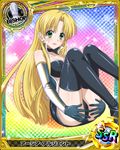  ahoge artist_request asia_argento bishop_(chess) black_legwear blonde_hair breasts card_(medium) character_name chess_piece covered_nipples elbow_gloves gloves green_eyes high_school_dxd long_hair medium_breasts official_art race_queen shorts solo thighhighs trading_card 