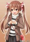  anti_(untea9) bag blush bow brown_coat brown_eyes brown_hair casual coat commentary cowboy_shot hair_bow handbag highres kantai_collection libeccio_(kantai_collection) long_hair long_sleeves open_mouth red_bow shoulder_bag smile solo striped striped_sweater sweater twintails twitter_username 