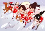  ariyasu_momoka bell black_hair boots bow brown_hair cake christmas curry curry_rice eating fake_beard fake_facial_hair fake_nose food food_as_clothes gloves hair_ribbon hat holly momoiro_clover_z momota_kanako multiple_girls official_art reindeer ribbon rice riding running sack santa_costume santa_hat sasaki_ayaka snow snowing spoon spoon_in_mouth sushio takagi_reni tamai_shiori thighhighs 