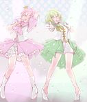  adapted_costume ascot bangs blue_eyes boots buttons confetti crown dress epaulettes f6 frills genderswap genderswap_(mtf) gloves green_hair hair_between_eyes high_heel_boots high_heels holding holding_microphone idol legs_apart long_hair matsuno_choromatsu matsuno_todomatsu microphone multiple_girls music one_eye_closed osomatsu-kun osomatsu-san pigeon-toed pink_hair puffy_short_sleeves puffy_sleeves shoes short_sleeves shorts siblings singing sisters stage stage_lights standing syaketosyake vest white_footwear white_gloves 