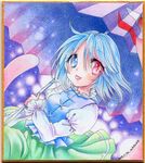  blue_hair colored_pencil_(medium) commentary_request heterochromia juliet_sleeves karakasa_obake long_sleeves looking_at_viewer mosho puffy_sleeves shikishi shirt skirt smile solo tatara_kogasa tongue tongue_out touhou traditional_media umbrella vest 