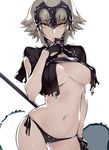  areola_slip areolae armor bad_id bad_pixiv_id black_gloves black_panties blonde_hair breasts cleavage contrapposto cowboy_shot fate/grand_order fate_(series) finger_to_mouth gloves hand_to_own_mouth headgear headpiece jeanne_d'arc_(alter)_(fate) jeanne_d'arc_(fate)_(all) kurowa large_breasts navel panties parted_lips shiny shiny_hair short_hair side-tie_panties solo standing underboob underwear yellow_eyes 