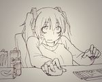  bags_under_eyes chair collared_shirt commentary_request energy_drink eyebrows eyelashes fingernails greyscale hatsune_miku keyboard_(computer) long_fingernails long_hair monochrome monster_energy mouse_(computer) office_chair red_bull shirt sketch solo sweater twintails upper_body vocaloid wokada 
