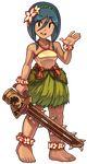  ankle_flower anklet barefoot black_hair flower full_body hair_flower hair_ornament indivisible jewelry leilani looking_at_viewer official_art smile solo sword tan transparent_background tribal waving weapon 