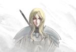  blonde_hair bodysuit cape claymore claymore_(sword) flora_(claymore) long_hair mijichi_kiwou pauldrons silver_eyes solo sword sword_behind_back weapon 