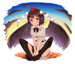  belt black_hair black_wings blush cloud convenient_censoring full_body hat leaf looking_at_viewer maple_leaf pointy_ears pom_pom_(clothes) pspmaru puffy_sleeves red_eyes ribbon shameimaru_aya shirt short_hair short_sleeves sitting skirt sky smile solo string tokin_hat touhou wings 