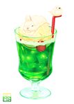  bunny cherry cup drinking_glass drinking_straw food fruit ice ice_cream ice_cream_float ice_cube lilac_(p-f_easy) melon_soda no_humans original signature simple_background soda white_background 