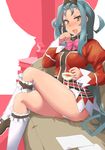  :d aqua_hair black_bow black_skirt blush bow bowtie brown_eyes brown_footwear checkered checkered_skirt couch crossed_legs cup drink frills hair_bow hand_to_head highres holding holding_cup kneehighs laughing lilith_(vanpri) long_sleeves looking_at_viewer mary_janes minakami_(flyingman555) on_couch open_mouth panties pantyshot pantyshot_(sitting) paper pillar pink_bow puffy_long_sleeves puffy_sleeves red_skirt shoes simple_background sitting skirt smile solo tea teacup underwear vanguard_princess white_background white_legwear white_panties 