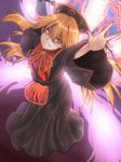  animal_print black_dress blonde_hair chinese_clothes dress energy fox_tail from_above full_body gradient gradient_background grin hat highres junko_(touhou) long_hair long_sleeves looking_at_viewer looking_up magic_circle multiple_tails open_hand outstretched_hand purple_background reaching red_eyes ribbon sash shiny shiny_hair smile solo surume_(kvpsurume) tabard tail touhou wide_sleeves 