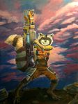  2015 anthro barefoot black_eyes black_fur brown_fur claws clothed clothing cloud fur grey_fur guardians_of_the_galaxy jumpsuit male mammal marvel outside raccoon rocket_raccoon sky smile solo spectrumshift stripes teeth toe_claws traditional_media_(artwork) weapon 