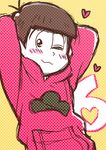  ;3 absurdres arms_behind_head blush brown_hair heart highres hood hoodie male_focus matsuno_todomatsu osomatsu-kun osomatsu-san polka_dot polka_dot_background smile solo upper_body usaponnu yellow_background 