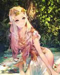  barefoot blonde_hair day dress head_wreath highres isaac_hein_iii kneeling lips long_hair on_ground original outdoors partially_submerged pointy_ears purple_eyes smile solo tree water 