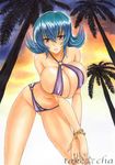  artist_name bare_shoulders bikini blue_bikini blue_hair blush bracelet breast_press breasts cleavage collarbone commentary_request crossed_arms flipped_hair green_hair jewelry large_breasts leaning_forward looking_at_viewer marker_(medium) multicolored_hair natsume_(pokemon) navel o-ring o-ring_bikini palm_tree pokemon pokemon_(game) pokemon_hgss red_eyes short_hair solo sunset swimsuit takecha traditional_media tree two-tone_hair 