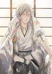  black_gloves blood blood_on_face bloody_clothes blurry depth_of_field gloves japanese_clothes nair partly_fingerless_gloves saniwa_(touken_ranbu) solo_focus torn_clothes touken_ranbu tsurumaru_kuninaga uchiko white_hair yellow_eyes 