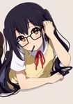  arm_support bespectacled black_hair food glasses hair_tucking k-on! lying nakano_azusa ogipote on_stomach pocky solo twintails yellow_eyes 
