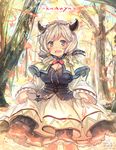  artist_name autumn autumn_leaves bad_id bad_twitter_id bangs blush breasts camieux capelet character_name cleavage cow_horns draph dress forest granblue_fantasy green_eyes hair_tubes highres hood hood_down horns hunakaka_(you2662eternity) large_breasts leaf leaf_on_head long_hair long_sleeves looking_at_viewer low_twintails maple_leaf nature nose_blush open_mouth outdoors partially_submerged petticoat signature silver_hair skirt_hold solo tree twintails wading water 