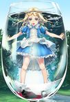  apron blonde_hair blush bubble commentary_request cup dress drinking_glass green_eyes highres in_container in_cup long_hair mary_janes minigirl open_mouth original puffy_sleeves shoes short_sleeves socks sody solo submerged underwater water white_legwear 