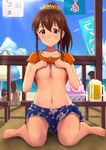  barefoot blue_eyes blue_sky blush breasts brown_hair cleavage cloud day drink hayamaso highres idolmaster idolmaster_million_live! looking_at_viewer medium_breasts navel ponytail satake_minako shirt_lift sitting sky smile solo_focus stomach underboob 