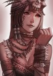  armband bad_id bad_pixiv_id bone breasts choker cleavage collarbone eyelashes facial_mark fur fur_trim grey_hair hair_ornament headgear horns jewelry lips looking_away looking_to_the_side medium_breasts necklace original red_eyes rope sepia skull sleeveless solo tassel tooth tooth_necklace tribal upper_body wrist_cuffs zakusi 
