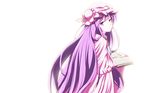  book crescent crescent_hair_ornament hair_ornament hat holding holding_book kugi_(kugi-xiv) long_hair looking_back patchouli_knowledge purple_eyes purple_hair simple_background smile solo striped touhou very_long_hair wallpaper white_background 