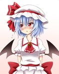  arms_behind_back ascot bat_wings blue_hair blush brooch dress embarrassed flying_sweatdrops hachimi hat hat_ribbon highres jewelry looking_away mob_cap open_mouth puffy_short_sleeves puffy_sleeves red_eyes remilia_scarlet ribbon sash short_sleeves solo touhou white_dress wings 