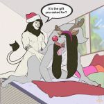  2018 all_fours anal anal_penetration anthro bed black_hair bruce_linderwoff canine cervine christmas costume day detailed_background duo english_text excorpio excorpio_leafar feline from_behind_position fur grey_fur hair hand_on_butt hat holidays horn lion long_hair male male/male male_penetrating mammal mostly_nude nipples nude open_mouth penetration pink_nose raised_tail red_nose reindeer reindeer_costume santa_claus santa_hat sex smile speech_bubble teeth text tongue tongue_out white_fur wolf 